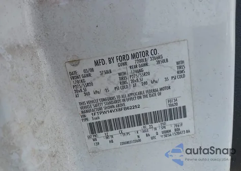 2008 Ford F-150 z USA, uszkodzony, nr VIN 1FTPW14VX8FB62252